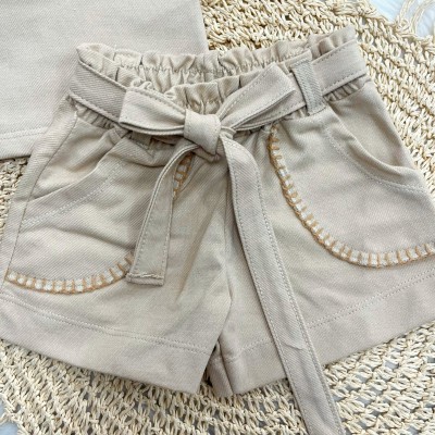 Conj. Blusa e Shorts Areia com borda bordada